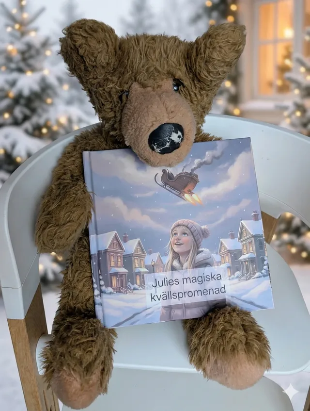 Pluszowy miś trzyma personalizowaną zimową książkę w zaśnieżonej, świątecznej scenerii